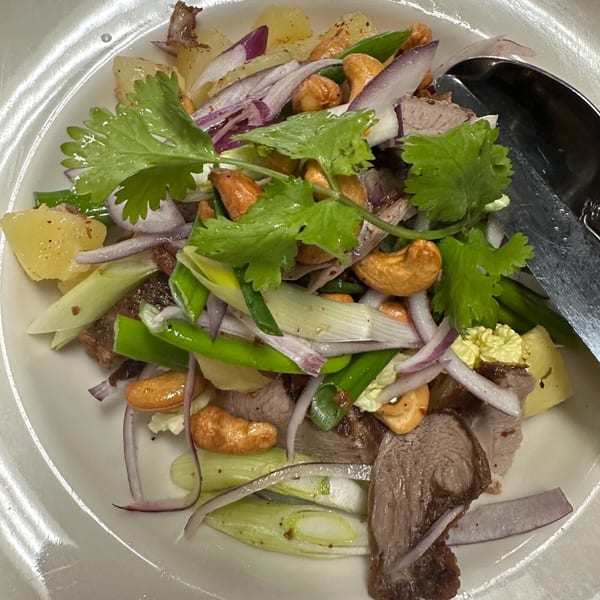 Close-up of Erawan's Thai salad with beef, cashews, red onion, green onion, pineapple, and cilantro.